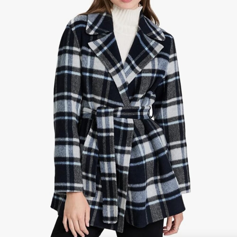 Theory Women's Blue Plaid Alps Double Breasted Belted Cardigan Coat